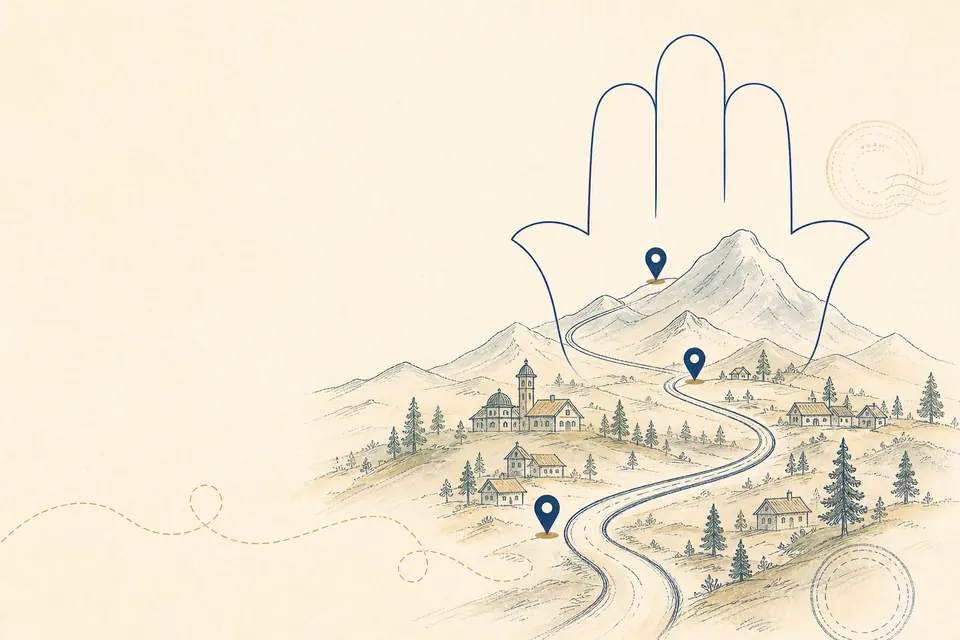 A hand-drawn hamsa framing a winding road through mountains and villages