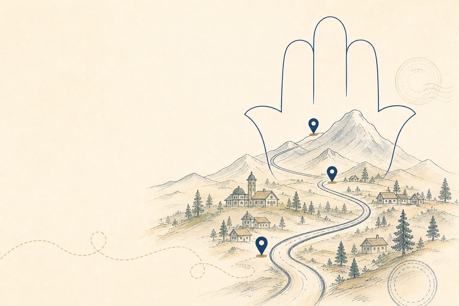 A hand-drawn hamsa framing a winding road through mountains and villages